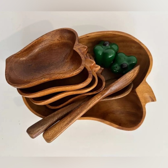 Vintage Monkey Bell Pepper Acacia Wood Salad Chip Dip Bowl Set Salt & Pepper - Picture 2 of 13